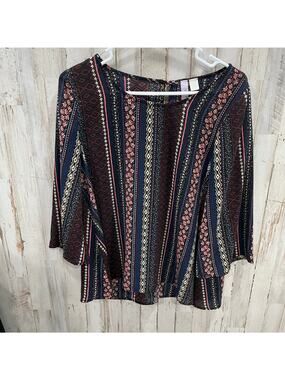 ALYA Womens Multicolor Floral Abstract Top 3/4 sleeve Keyhole Back Sz Medium